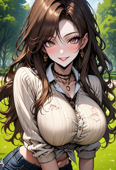 solo, female, long hair, dark brown hair, pale skin, brown eyes, side tail hair, huge breasts, midriff, sweater, torn jeans, close up, smile, jewelry, day, park, curvaceous, gyaru, victorian era