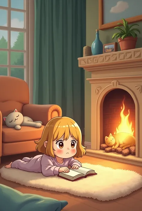  a distant view of a little blonde girl lying on her stomach wearing her pajamas reading a book on a carpet in the living room on a winter night.  behind it there is a burning fireplace illuminating the environment .  next to it there is an armchair where ...