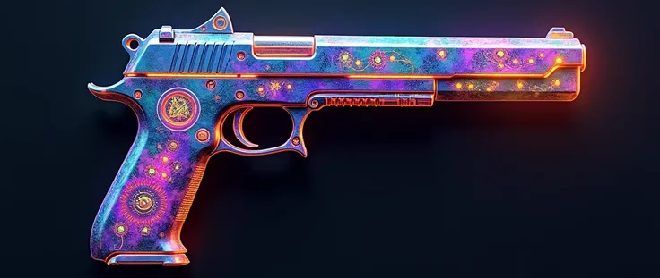 Futuristic pistol, covered in rainbow batik pattern and glowing rainbow rune symbols