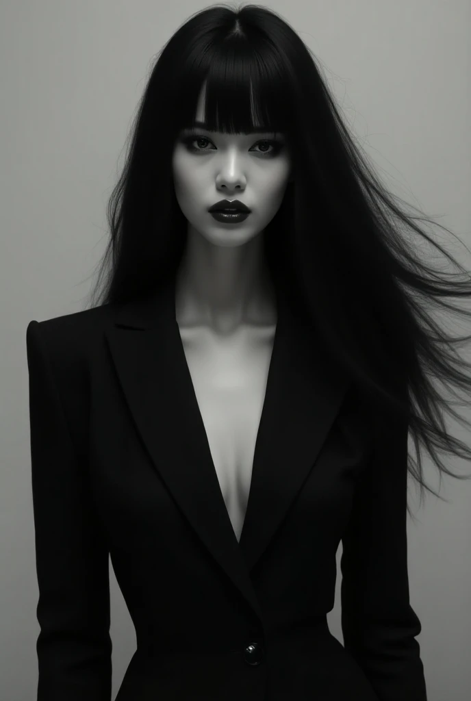  woman with long black hair and straight bangs, black eyes with cat Tuxedo 