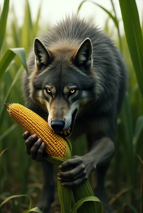 Wolf eating corn
