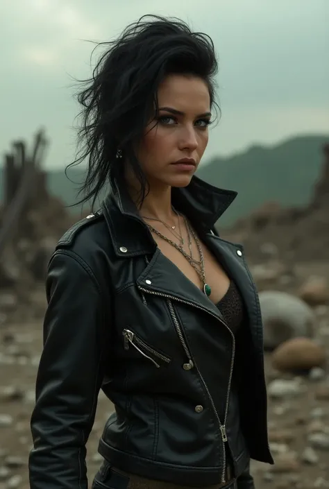 sexy dystopian femme fatale, 1 woman, detailed facial features, piercing eyes, striking makeup, wild hairstyle, post-apocalyptic outfit, leather jacket, metal accessories, rugged environment, gritty textures, dramatic lighting, cinematic composition, photo...