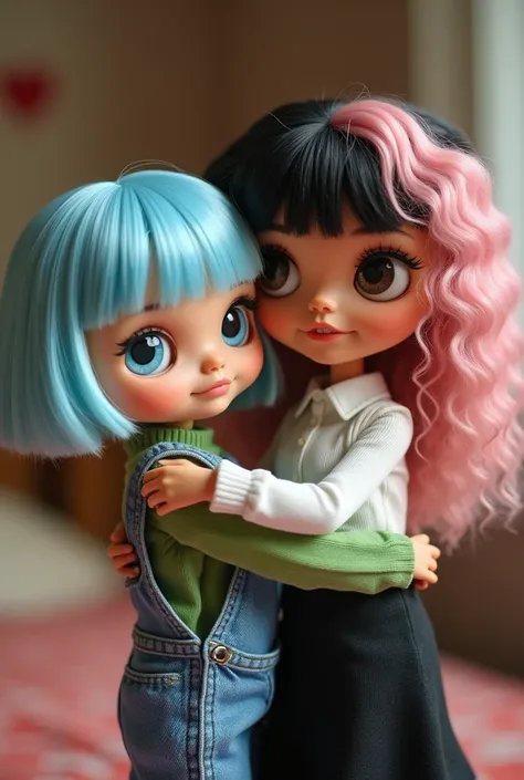 1 blythe doll with a light blue bob, big blue eyes, a green sweater, overalls, and micro bangs hugging another white blythe doll with split dye pink and black curly hair, big brown eyes, and a white button down shirt and a black skirt. 