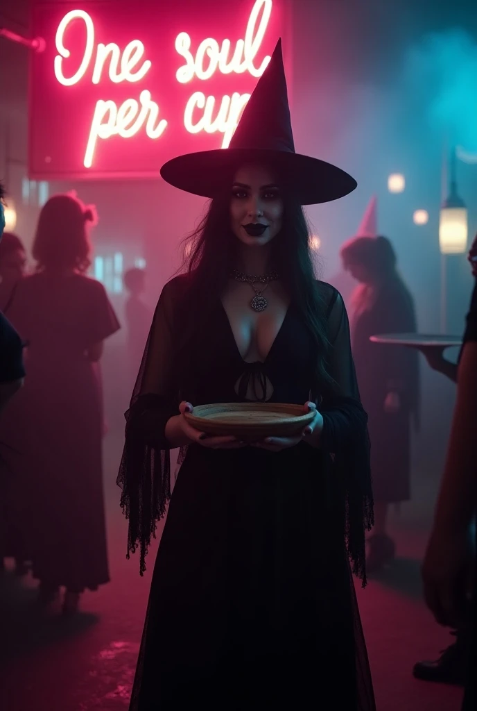 cinematic shot, a stunning witch with big hat is seen through crowd, black lips, gothic makeup and playful smile on her face, she is facing the camera and selling potion cocktails on a wooden plate, a big neon sign with bold text ONE SOUL PER CUP is behind...