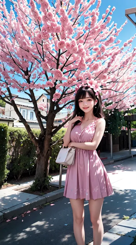 They are in front of a tree with pink flowers, Sunny afternoon