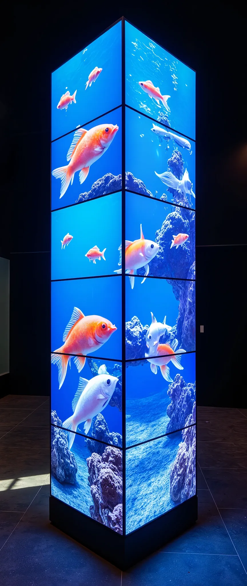 (masterpiece:1.2),(Best Quality),(Super detailed),(  Ultra High Definition),(  photorealistic),(  RAW Photos),16k, wallpaper,  close-up of a skyscraper composed of multiple LED screens , Aquarium fish are depicted on all LED screens  ,progressive,  Installation Art