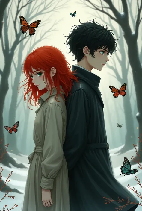  Make a cover image of a book showing a red-haired girl with green eyes with her back to a black-haired boy with gray eyes, that there are butterflies and dragons around and the cold of winter is represented in the background , The two boys are adults and ...