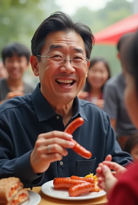 Smiling South Korean President Yoon Suk-yul eating sausages