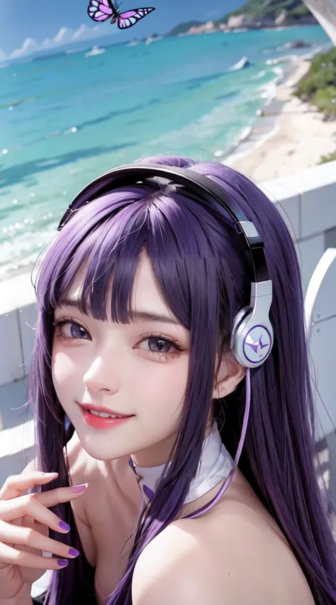 masterpiece, High Quality Purple Hair Korean Butterfly Womens Headphones Long Hair Flying