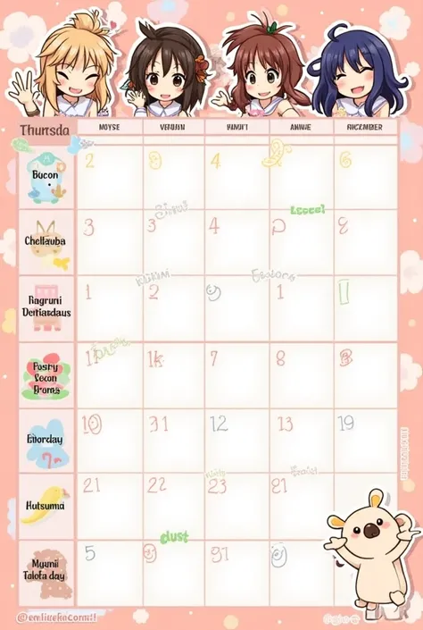 School schedule with pink color and some anime characters (gojo, mikey, kookie, kurumi, kitty, duck,) with colors. from Monday to Saturday and from 7 am until 5pm (columns) (English)