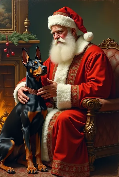 Antique painting of Santa Claus petting a doberman