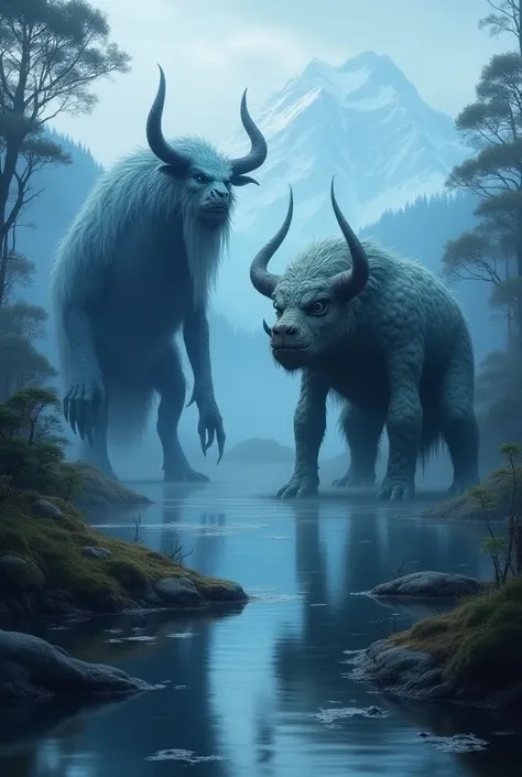 "Generate an image featuring a Jötunn on the left and a Bunyip on the right. The Jötunn stands imposing, with its icy blue skin and rugged features, set against a backdrop of snow-capped mountains and a twilight sky. The Bunyip is depicted next to it, part...