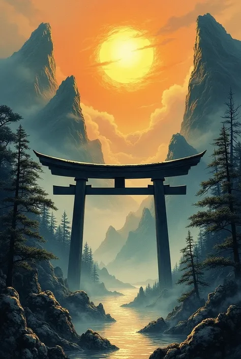 An old japan drawing about mountains, suns, torii gate, trees and natures that looks incredible (not peaceful)