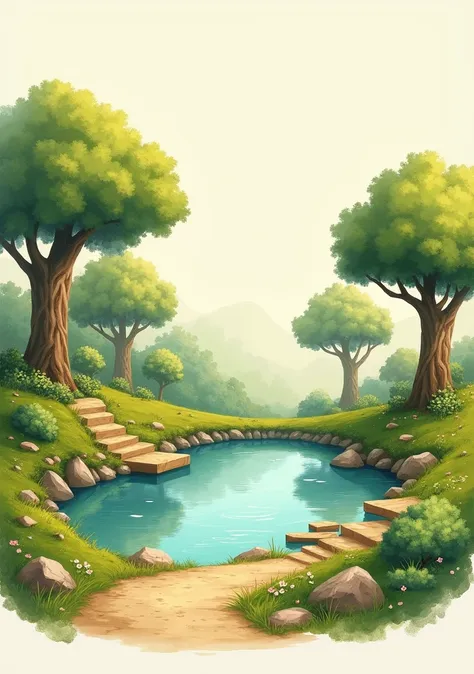 ( picture book illustration )), Fantasy Landscape, Watercolor illustration, Fantastic, Warm colors, 绿色Trees,  fairytale medieval style,background( simple, cute,Trees,Clean pond )