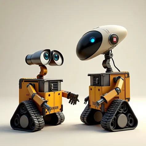 Create a high quality hyper realistic image of the Wall-E character talking to Eva the robot from the same film at an angle loaded towards the left side view where the original Disney and Pixar characters from the Wall-E film can be seen free of any backgr...