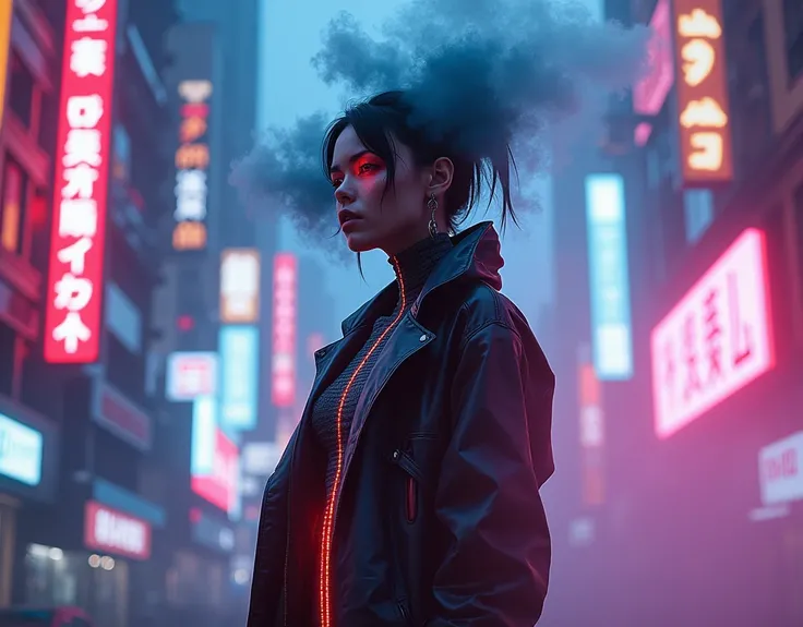 Set against a backdrop of neon city lights, a cyborg woman with a high-tech, glass-like coat that shows her subtle cybernetic spine. Above her eyes, a cloud of neon mist forms, blending the lines between human and machine, reality and the abstract --chaos ...