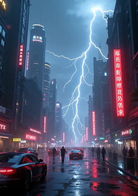  The background is a city , Lightning in the sky,  Very detailed,  cyberpunk , neon,  high detail , Ultra-realistic, Movie ,  octagonal rendering , 16K, Mobile Wallpaper, Science Fiction， neon lights 