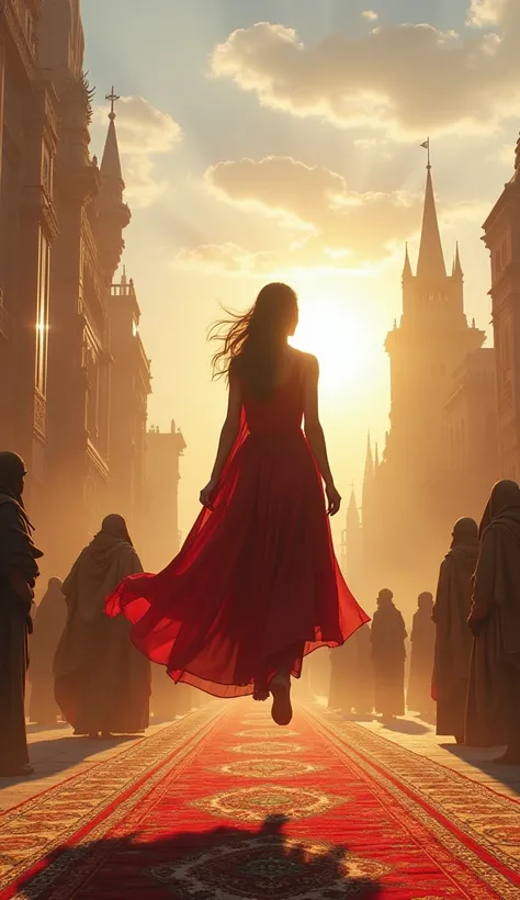 a beautiful woman is floating up a magic carpet is walking in the middle of a fantasy city in a desert area crowded with residents