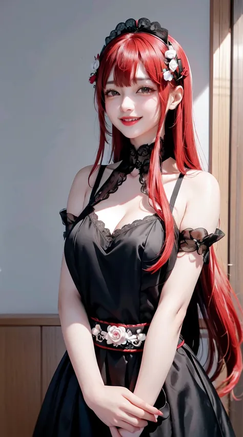 masterpiece, High Quality Red Hair 、 Korean Woman Wearing Black And White Rose Lace Hair Accessory、long hair flying