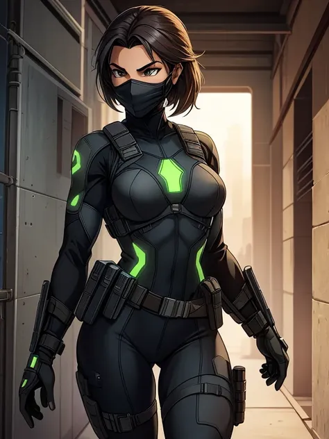 Create a beautiful and fit female character from the video game franchise Splinter Cell, shes from Splinter Cell, designed by Bruno Gauthier Leblanc. Shes Navajo, shes 27-years-old, has tan-bronze skin, amber colored irises and her hair is black and short....