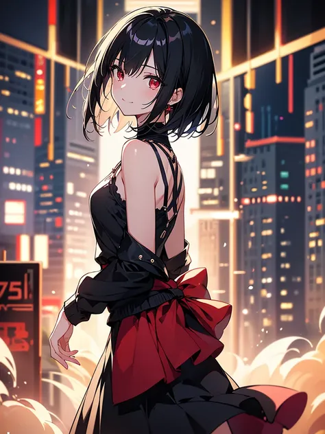 masterpiece, highest quality, highest quality, (no text), Beautiful and aesthetic:1.2),no text,anime、break,anime、break、 one girl、 Dark Haired Girl Short Hair 　 Slit Eyes Boyish 　adult　 beautiful eyes　red eyes, cool smile　Shoulder　skirt　 Black jacket, whole...