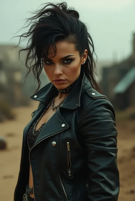 sexy dystopian femme fatale, 1 woman, detailed facial features, piercing eyes, excessive striking makeup, wild hairstyle, post-apocalyptic outfit, leather jacket, metal accessories, rugged environment, gritty textures, dramatic lighting, cinematic composit...