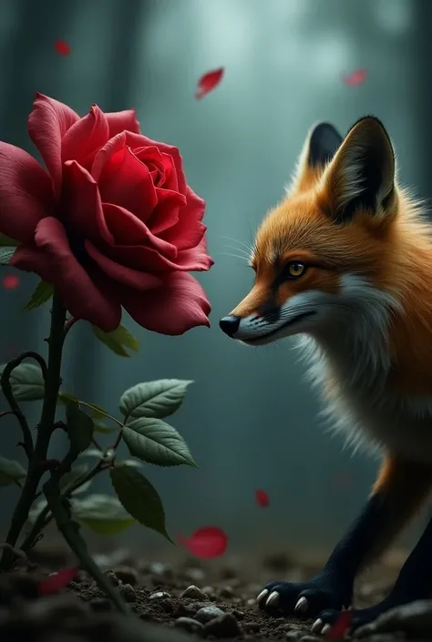 Create an intense scene with a vivid red rose and a fox in a face-off, both appearing visibly angry and confronting each other with fierce expressions. The foxs fur should be bristled, and its eyes narrowed with aggression, while the rose’s petals appear s...