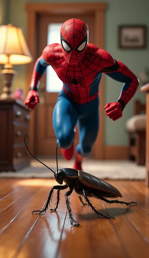 Spider-Man runs inside the house in fear of the cockroach