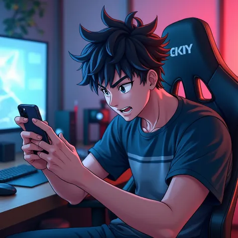 Imagine a male anime character is playing BGMI game on iphone 15 holding in both hands  and sitting in a gaming chair in his gaming room.He is looking in hai phone. Make it more realistic.