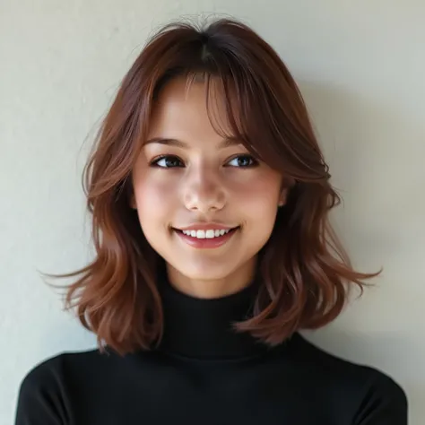 1girl, studio, headshot, medium shot, black turtleneck, auburn hair, shoulder length hair, swept bangs, asian, smile
