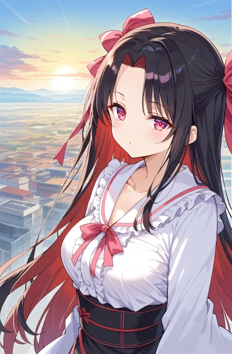 source_Cartoon, Morning Fragrance  ,    deep black hair with red ..很長Target髮, , 超長Target髮,  Pink Eyes , ribbon, Forehead ..ribbon,  Gamemun Neko ,,  1 girl in , A brown , Ahead, 頭髮ribbon, common, long hair,  Black and Red Hair  ,  Pink Eyes , ,  pink nails...