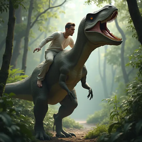 Make a man with a long-sleeved white shirt and pants where a dinosaur is carrying him and realistic