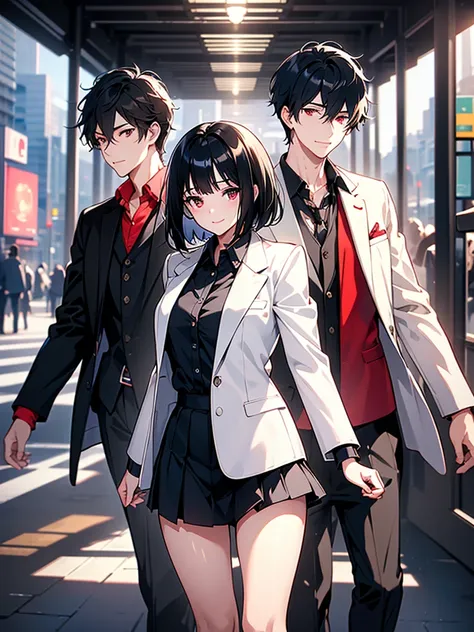 masterpiece, highest quality, highest quality, (no text), Beautiful and aesthetic:1.2),no text,anime、break,anime、break、 one girl、 Dark Haired Girl Short Hair 　 Slit Eyes Boyish 　adult　 beautiful eyes　red eyes, cool smile　White blazer　skirt　 black jacket, f...