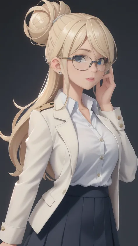 Blonde woman wearing glasses.   Shes wearing a white button down and navy blue jacket with a skirt.   Her hair is up in a messy bun