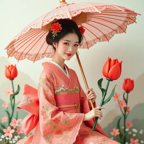 A tulip flower made of lace is wearing a beautiful dress, holding a parasol made of lace and smiling、Japanese beauty