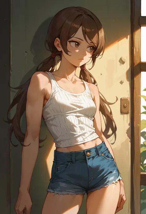 (masterpiece, best quality), 1girl, stoic, looking to the side, beautiful face, brown eyes, brown hair, swept bangs, long low twin tails, ribbed white tank top, jean shorts, small breasts, toned arms,