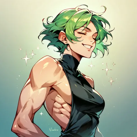  Woman defined athletic physique, wearing short black fabric dress with viscose details, green hair, eyes in the color brown ,  smiling maliciously, sexy pose, wearing wide black pants