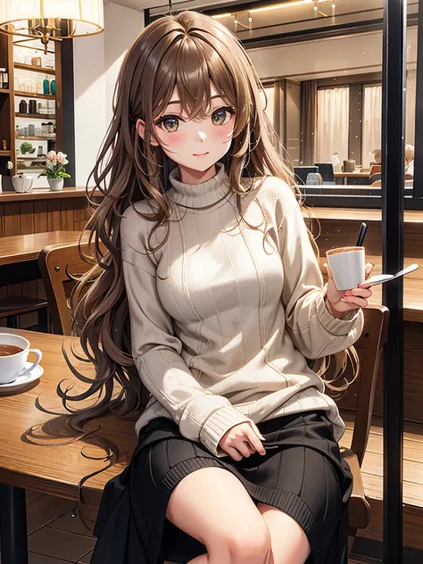 Best Quality, Super fine, 16k,  Extremely Absurd ,  Extremely detailed, 2.5D,  Delicate and dynamic depiction , Beautiful woman,  Adorable and lewd look  , Light brown messy wavy hair, compensate, Im wearing a black loose summer knit sweater and a long ski...