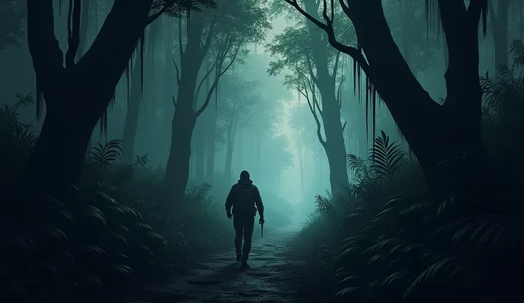  A lone adventurer walks cautiously through a narrow, shadowy path in the jungle, their every step uneasy, as if they sense something watching them from the dense, impenetrable foliage. The trees tower above, casting long, foreboding shadows that seem to s...