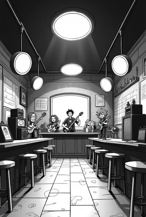 Rock bar in cartoon format, there will be reflectors around playing and in the center, like rungs of musical notes, like guitar hero, the video game in black and white.