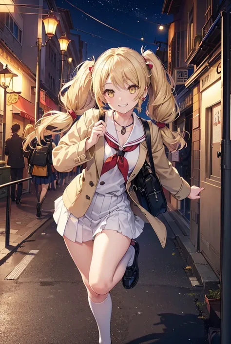 (best quality:1.3), masterpiece, (On a street corner at night, under a gas lamp:1.3), (coat, serafuku, school bag, full body, v: 1.3), (happy smile:1.8), BREAK, solo, dynamic angle, cute 1 girl, (medium hair, blonde hair:1.2), (low twintails:1.4), (yellow ...