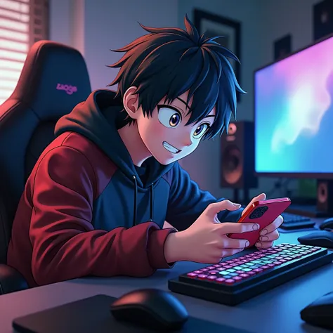 Imagine a male anime character is playing BGMI game on iphone 15 holding in both hands  and sitting in a gaming chair in his gaming room.He is looking in hai phone. Make it more realistic.