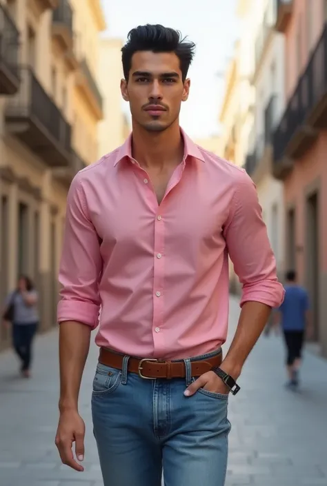 A young man, athletic, fit body, 25-year-old Sevillian , He is walking down a street in that city ,  measures 1 .75 meters tall,  short black hair ,  dark brown eyes with a sweet and penetrating look ,  white skin and thick, plump lips ,  he is wearing a f...