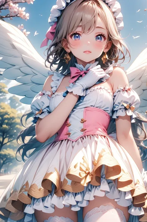 A beautiful girl in a Sakura Kinomoto cosplay jumping in the park, anime girl, light pink headwear, frills, light pink dress, puffy short sleeves, white gloves, pink bow on the chest, white high socks, pink lolita shoes, white wings, white panties, big rou...