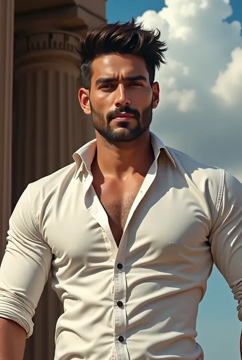 Vicky Kaushal, ((very masculine and virile appearance)), ((((very young)))), wet body, (((((big chest))))), ((((big nipples)))), (((curly hairy chest))), sunset with big abstract clouds, very short messy hair wave, (dark melanine skin, (oil skin), (((NSFW)...