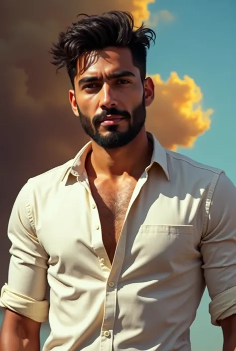 Vicky Kaushal, ((very masculine and virile appearance)), ((((very young)))), wet body, (((((big chest))))), ((((big nipples)))), (((curly hairy chest))), sunset with big abstract clouds, very short messy hair wave, (dark melanine skin, (oil skin), (((NSFW)...