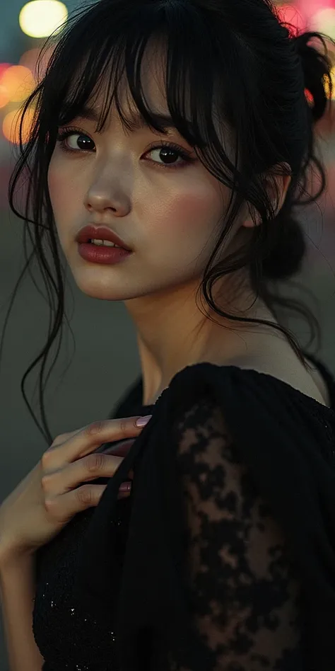 /imagine prompt: A hyper-realistic surrealist image of a Korean woman. 8k Hair: Messy Bangs with Medium-Length Hair, Nails: Red Height: 54" Eyes: Bold Blue Makeup: Dark Eyes Attire: Gorgeous Formal Dress Showing Off Her Large Breasts Setting: 12-Hour Night...