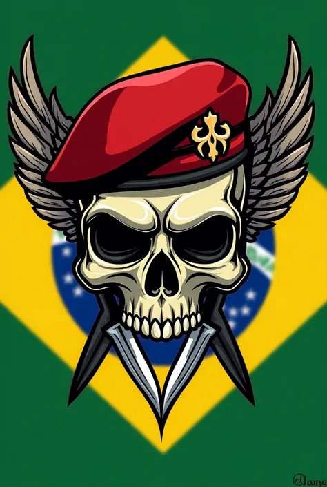 Army logo with a skull with a red beret with wings in the colors of Brazil and two knives with the tips pointing down 