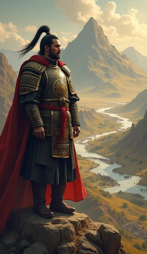 
A powerful depiction of Genghis Khan, wearing traditional Mongolian armor with a stern, ruthless expression. He stands confidently on a hilltop, overlooking a vast, sprawling landscape of his empire. The background shows a map merging into real territorie...