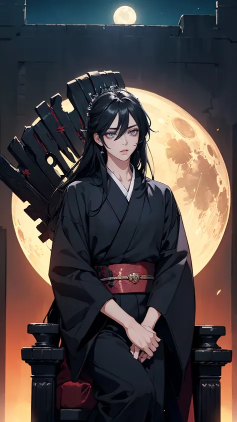 1girl, eyeball, tsurime, sanpaku, longeyelashes, colored eyelashes, Bright eyes, Black hair, long hair, UHD, accurate, masterpiece, textured skin, broad shoulders, handsome, tall macular guy, adult, kimono, dark theme, moon, crown, magnificent backgrouond,...